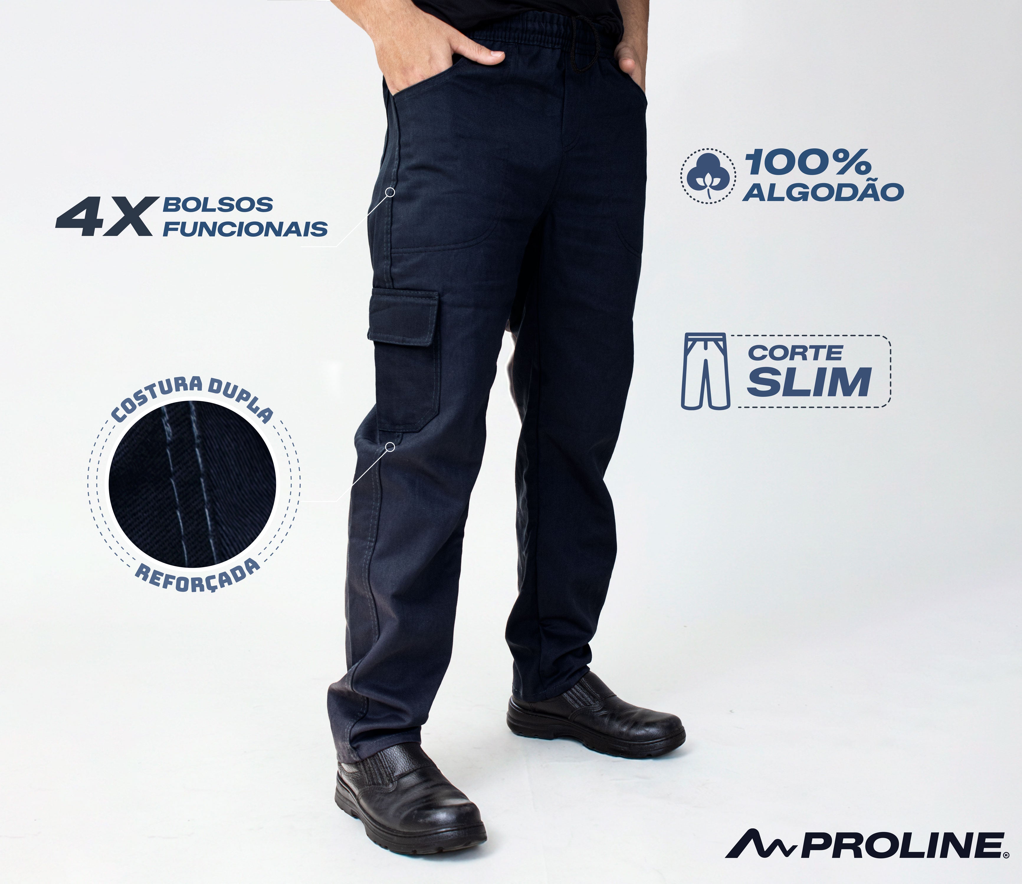 Calça De Uniforme Brim 100% Algodão Azul Escuro