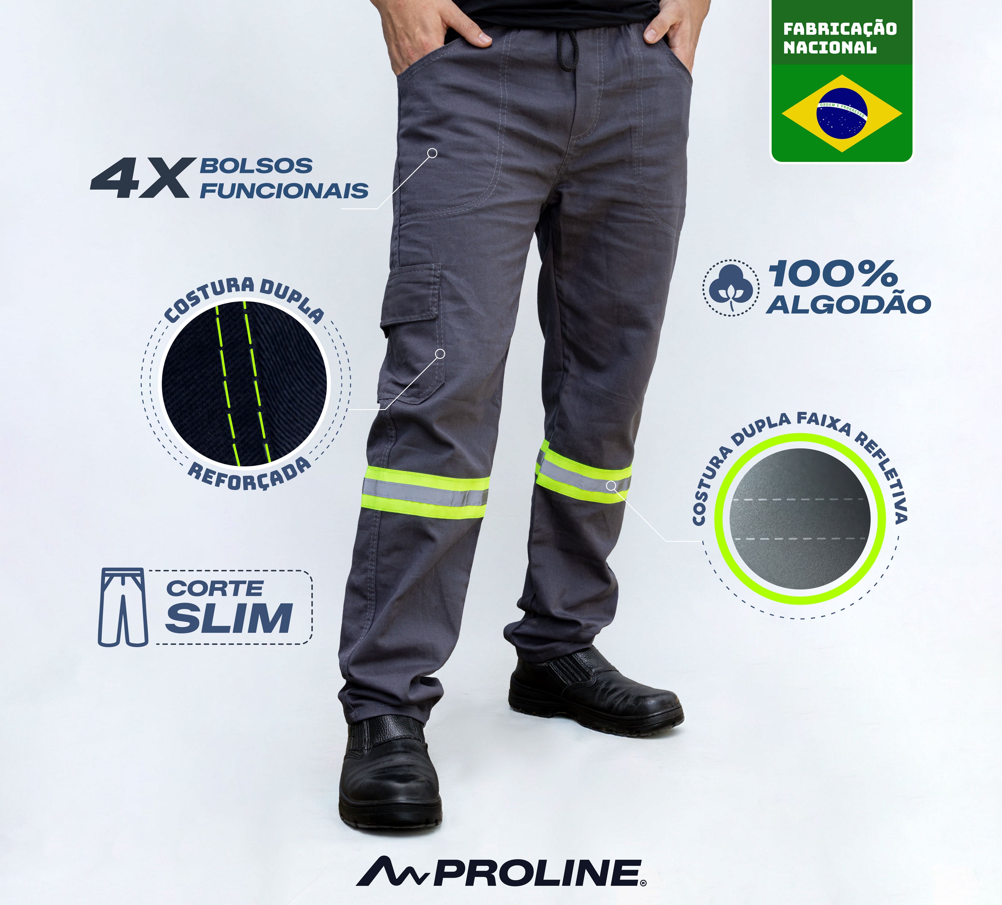 Calça De Uniforme Brim 100% Algodão - Com Faixa Refletiva - Cinza